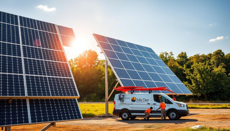A pristine solar array standing tall, panels gleaming in the warm afternoon sunlight. In the foreground, a team of skilled technicians meticulously cleaning each module with eco-friendly solutions and microfiber cloths, ensuring maximum energy efficiency. The middle ground features a well-maintained service truck, its logo proudly displayed, while the background showcases the lush, verdant landscape of Southaven, MS. Crisp, high-resolution imagery captures the attention to detail and professionalism of this top-tier solar panel cleaning service, ready to keep local homes and businesses powered to their full potential.