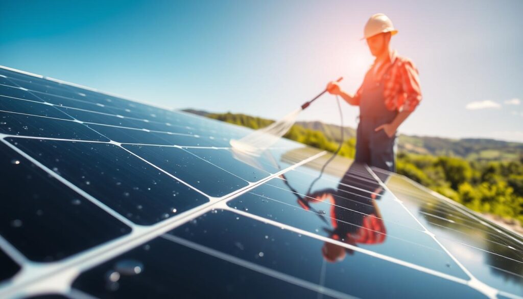 A pristine solar panel array glistens under bright sunlight, its surfaces meticulously cleaned. In the foreground, water droplets cascade down the sleek black panels, reflecting the clear blue sky above. In the middle ground, a person in a hard hat and overalls stands, holding a specialized cleaning tool, demonstrating the careful attention required to maintain optimal panel efficiency. The background features lush green trees and rolling hills, conveying the tranquil, eco-friendly setting of a well-maintained solar installation. Soft, diffused lighting illuminates the scene, capturing the benefits of regular professional solar panel cleaning - increased energy output, prolonged panel lifespan, and a visually appealing, well-cared-for aesthetic.