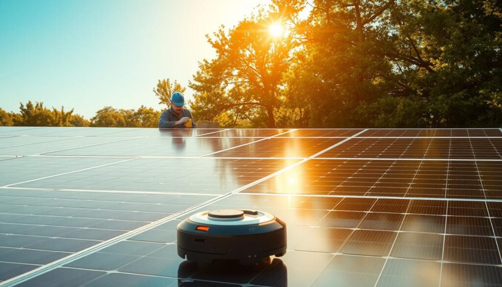A pristine solar panel array set against a backdrop of lush greenery, with a worker meticulously cleaning the panels using an eco-friendly solution and a soft microfiber cloth. The warm, golden sunlight filters through the trees, casting a gentle glow on the scene. The worker's movements are deliberate and efficient, ensuring the panels remain in optimal condition for maximum energy generation. In the foreground, a small, battery-powered cleaning robot moves across the panels, complementing the manual effort. The overall atmosphere conveys a sense of harmony between technology and nature, showcasing sustainable practices for renewable energy.