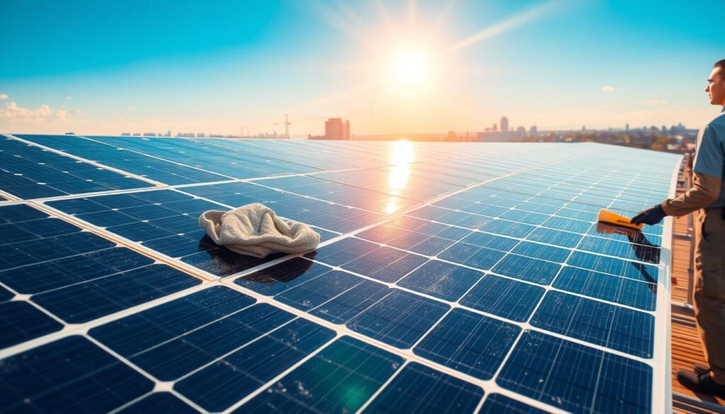 A pristine solar panel array set against a clear blue sky, bathed in warm, golden sunlight. In the foreground, a technician in a crisp uniform carefully wipes the panels with a microfiber cloth, removing any accumulated dust or debris. The mid-ground reveals the detailed steps of the cleaning process, with specialized tools and solutions being applied with precision. In the background, a picturesque cityscape of Union City, New Jersey, underscoring the urban setting. The entire scene conveys a sense of professionalism, efficiency, and care in maintaining the optimal performance of the solar installation.
