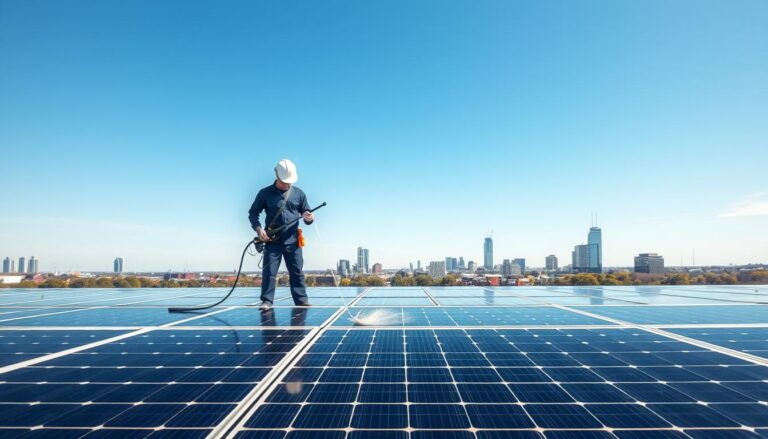 A pristine solar panel array set against a clear blue sky, with a team of professional cleaners working diligently to maintain their efficiency. In the foreground, two technicians in uniform use specialized cleaning equipment, gently wiping away dust and debris from the solar panels' surfaces. The middle ground showcases the extensive solar array, its sleek black panels gleaming in the warm sunlight. In the background, the cityscape of Little Rock, AR, provides a scenic backdrop, highlighting the importance of renewable energy in the local community. The scene conveys a sense of professionalism, attention to detail, and a commitment to sustainable practices.