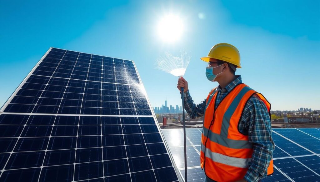 A pristine solar panel array stands tall against a clear blue sky, its glossy surface reflecting the sun's radiant glow. In the foreground, a professional solar panel cleaning service technician, dressed in a safety vest and equipped with specialized tools, carefully wipes away any accumulated dust and debris, restoring the panels' maximum efficiency. The mid-ground captures the sweeping vista of Yonkers' rooftops, each adorned with these energy-harvesting marvels. In the background, the iconic cityscape of Yonkers rises, a testament to the town's commitment to renewable energy. The scene conveys the benefits of professional solar panel cleaning, highlighting the importance of maintaining optimal performance and longevity for homeowners in Yonkers, NY.