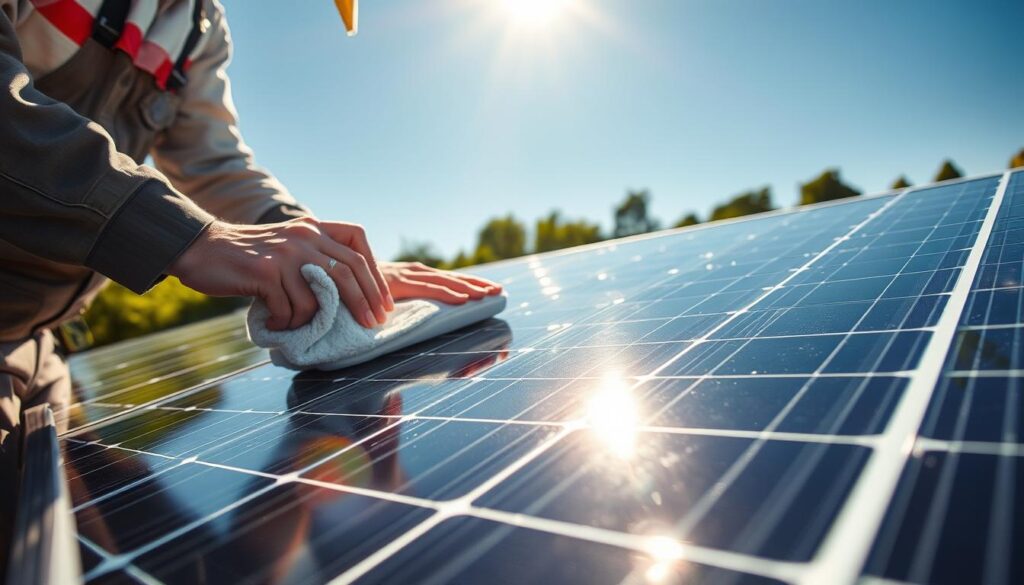 A pristine solar panel glistening under bright, warm sunlight, its surface meticulously clean and free of any dirt or debris. In the foreground, a professional technician carefully wipes the panel with a microfiber cloth, ensuring maximum efficiency and energy output. The middle ground reveals the intricate details of the panel's construction, its sleek, modern design complementing the lush, verdant landscape in the background. The scene conveys a sense of diligence, environmental consciousness, and the benefits of professional solar panel maintenance, capturing the essence of the article's subject matter.