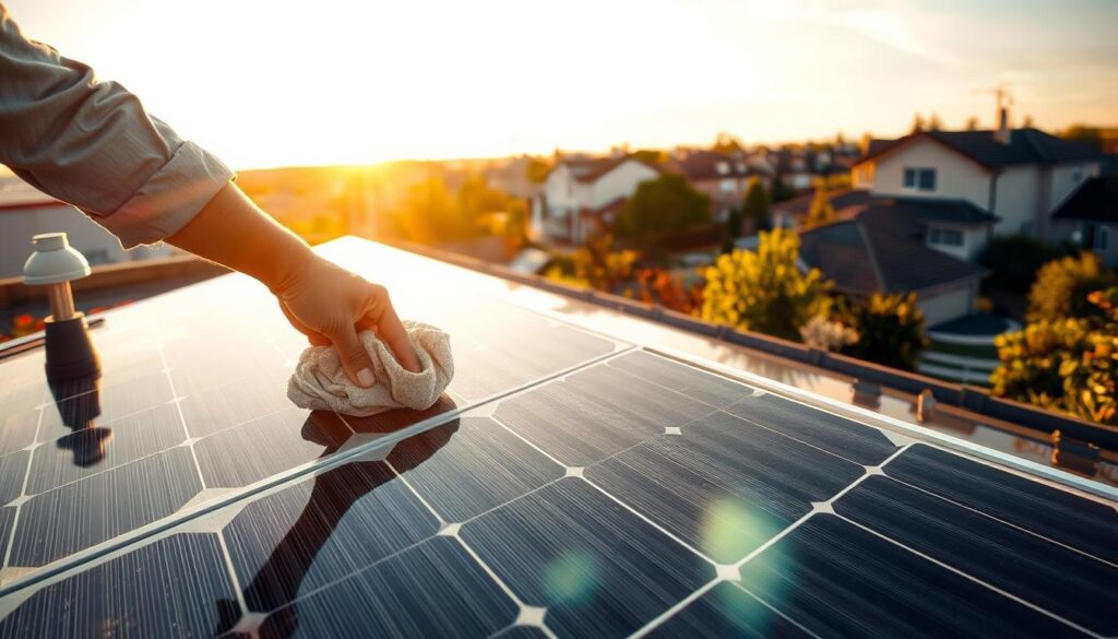 A pristine solar panel situated on a rooftop, bathed in warm golden sunlight. In the foreground, a professional technician gently wipes the panel's surface with a microfiber cloth, meticulously removing any accumulated dust and debris. The middle ground reveals the panel's sleek, modern design, its reflective surface gleaming. In the background, a picturesque suburban neighborhood comes into view, showcasing the panel's integration into the residential landscape. The scene conveys a sense of efficiency, cost-effectiveness, and environmental stewardship, highlighting the tangible benefits of regular professional solar panel cleaning.