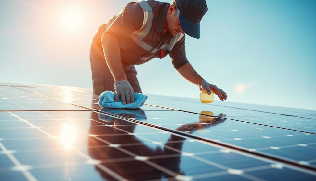 A pristine solar panel system glistening in the warm afternoon sunlight, as a professional technician meticulously cleans each module with a microfiber cloth and a gentle cleaning solution. The panels are positioned on a rooftop, their sleek black frames and tempered glass surfaces reflecting the bright blue sky above. The technician's movements are precise and deliberate, ensuring every inch of the solar array is spotless, maximizing the system's efficiency and energy output. The scene conveys a sense of order, attention to detail, and the importance of proper maintenance for optimal solar panel performance.