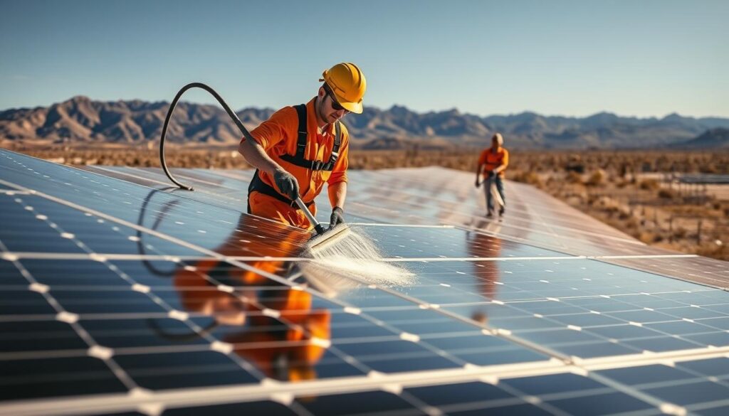 A professional crew meticulously cleaning an array of gleaming solar panels in Fernley, Nevada. The foreground features a technician using a specialized cleaning tool to remove dust and debris, ensuring optimal panel efficiency. In the middle ground, another worker inspects the panels, verifying their pristine condition. The background showcases the sweeping vistas of the high desert, with mountains in the distance and a clear, azure sky. Warm, golden sunlight bathes the scene, accentuating the sheen of the solar panels and the diligence of the hardworking team. The overall atmosphere conveys the importance of professional solar panel maintenance for maximizing energy production in Fernley's sunny climate.
