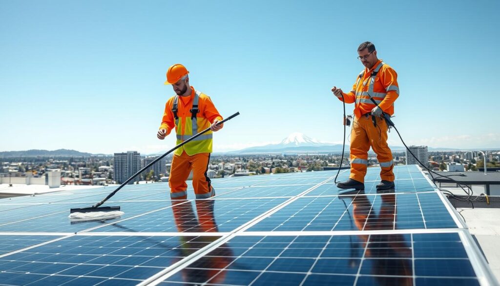 A professional crew of solar panel cleaners meticulously wiping down a neatly-arranged array of photovoltaic panels on a sunny rooftop in Vancouver, WA. In the foreground, a worker uses a long-handled squeegee to wipe away any dirt and grime, ensuring maximum light absorption. In the middle ground, another technician inspects the panels, checking for any damage or degradation. In the background, the cityscape of downtown Vancouver stretches out, with the iconic Mount Hood visible in the distance under a bright, cloudless sky. The scene conveys a sense of efficiency, attention to detail, and a commitment to maintaining the optimal performance of the solar installation.