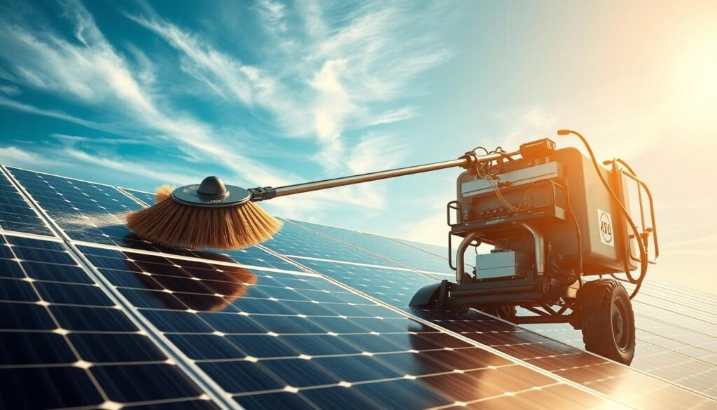 A professional-grade solar panel cleaning rig stands in a bright, sun-drenched setting. In the foreground, a high-powered telescoping brush extends from the main unit, gently sweeping across the gleaming solar panels. The middle ground showcases the robust chassis of the cleaning equipment, its sturdy wheels and ergonomic handles indicating ease of maneuverability. In the background, a clear blue sky with wispy clouds sets the scene, underscoring the clean, efficient nature of sustainable solar energy. Warm, diffused lighting bathes the entire tableau, creating a sense of productivity and environmental harmony.