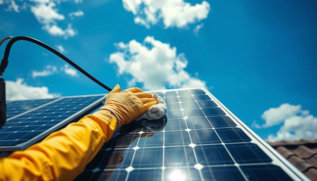A professional, high-quality solar panel cleaning service in action. The scene depicts a technician carefully wiping down a solar panel with a microfiber cloth, ensuring maximum efficiency and performance. The panel is mounted on a rooftop, with a clear blue sky and sun-dappled clouds in the background, conveying a sense of environmental sustainability. The image is captured from a medium-distance perspective, with attention to technical details like the cleaning equipment and the panel's intricate structure. The overall mood is one of meticulous care and attention to detail, reflecting the expertise required for proper solar panel maintenance.