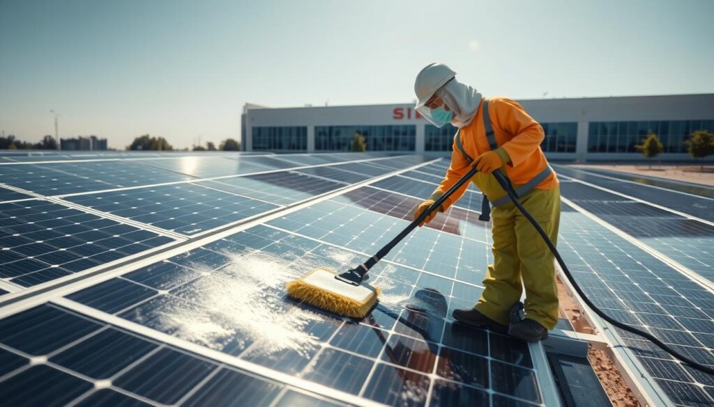 A professional, large-scale solar panel cleaning service on a sunny day in Joliet, IL. The foreground depicts a worker in protective gear gently wiping down solar panels using specialized equipment, ensuring maximum efficiency. The middle ground showcases the expansive array of solar panels, their surfaces gleaming under the bright sunlight. In the background, a contemporary commercial or industrial building serves as the backdrop, highlighting the integration of renewable energy solutions. The scene conveys a sense of diligence, attention to detail, and the importance of proper solar panel maintenance for optimal energy production.