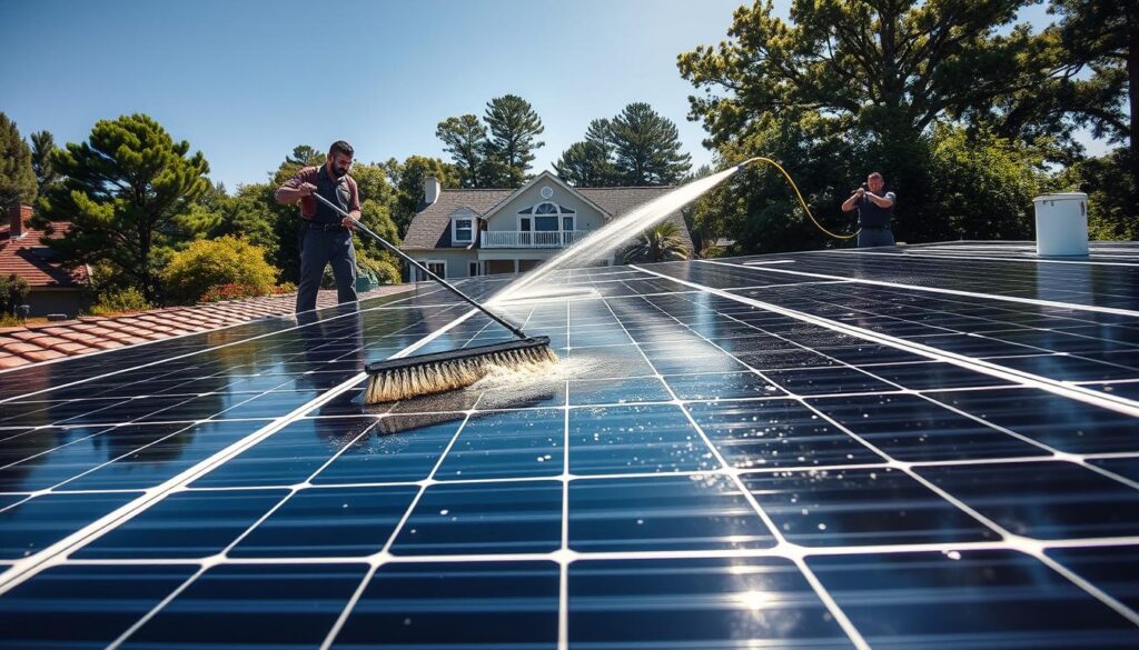 A professional solar panel cleaning crew diligently scrubbing the gleaming solar panels of a residential rooftop on a sunny day in Wilmington, North Carolina. In the foreground, a team member uses a long-handled brush to meticulously clean the surface, removing any accumulated dirt or debris. In the middle ground, another crew member wields a high-pressure hose, rinsing away the grime to restore the panels' maximum efficiency. In the background, the well-maintained home blends seamlessly with the lush, verdant surroundings, emphasizing the harmonious integration of renewable energy technology within the local landscape. The scene conveys a sense of expertise, care, and environmental responsibility, encapsulating the ethos of a top-tier solar panel cleaning service.