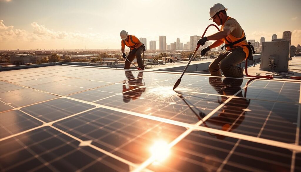A professional solar panel cleaning crew diligently working on a rooftop in Tampa, Florida. Bright sunlight casts dynamic shadows across the gleaming solar panels as the technicians meticulously scrub away grime and debris with specialized tools. The warm, vibrant lighting creates a sense of productivity and care, reflecting the high quality of service one would expect from the top solar panel cleaning companies in the region. The scene is captured from a low angle, emphasizing the scale and scope of the project, with the Tampa skyline visible in the distant background.