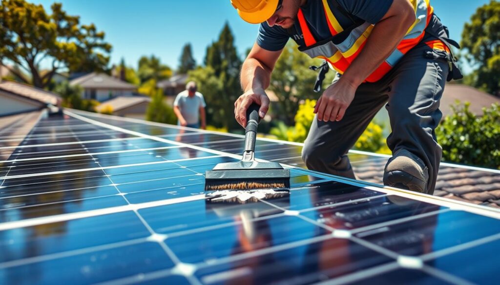 A professional solar panel cleaning crew hard at work on a residential rooftop in bright sunlight. In the foreground, a worker scrubs the solar panels with a specialized cleaning tool, ensuring maximum efficiency. The middle ground features the homeowner observing the process, while the background showcases the surrounding neighborhood with lush greenery and clear blue skies. Crisp, high-resolution details capture the technical precision and care taken to maintain the solar panels, conveying the importance of professional cleaning for optimal energy production.