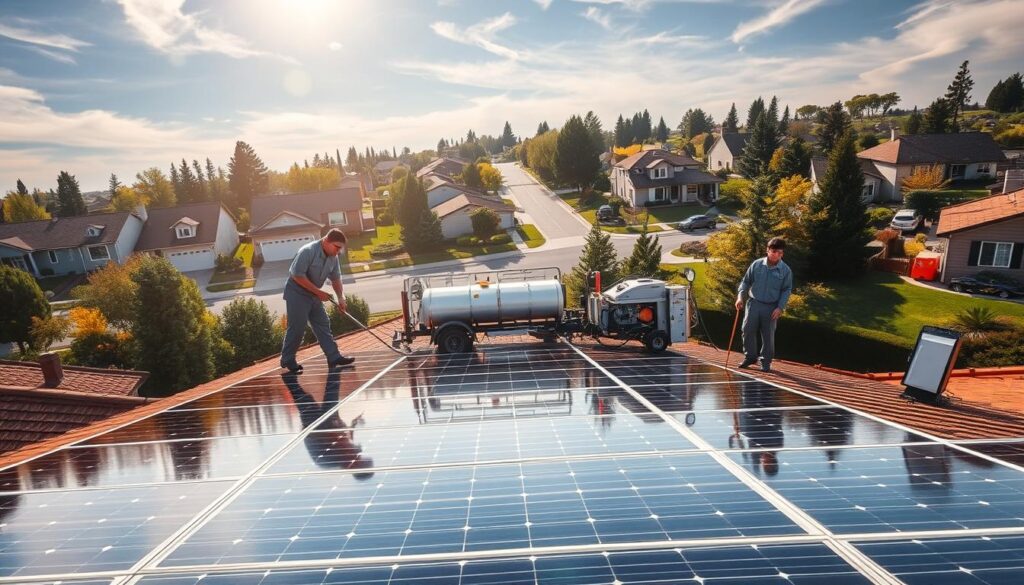 A professional solar panel cleaning crew in matching uniforms wiping down gleaming solar panels on a residential rooftop. Sunlight filters through wispy clouds, casting a warm glow over the scene. In the middle ground, a specialized cleaning truck with water tanks and high-pressure hoses stands ready. In the background, a picturesque suburban neighborhood with well-manicured lawns and trees. The overall atmosphere conveys a sense of expertise, efficiency, and environmental consciousness.