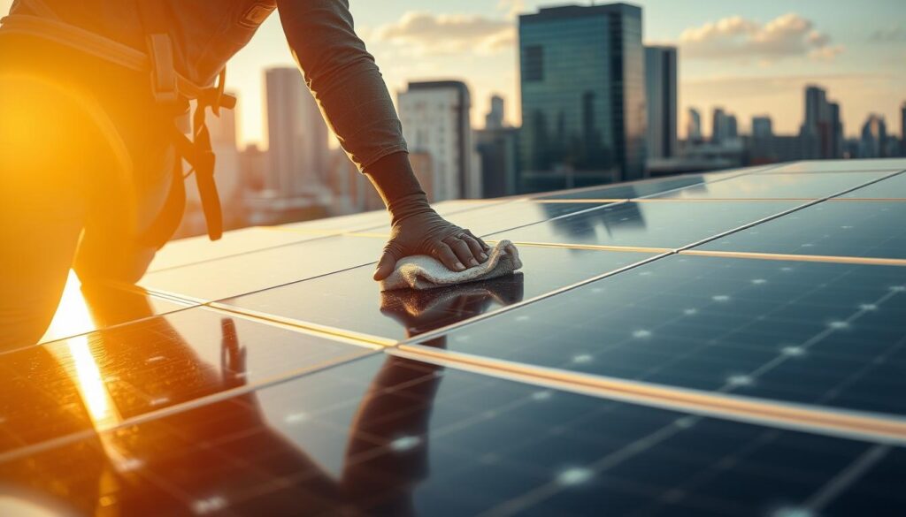 A professional solar panel cleaning process, captured in a detailed, cinematic style. In the foreground, a worker in a safety harness carefully wipes down a solar panel with a microfiber cloth, meticulously removing any dirt or grime. The middle ground reveals a series of solar panels on a sleek, modern rooftop, their surfaces gleaming in the warm, directional sunlight. In the background, the cityscape of Elizabeth, NJ, with its iconic skyscrapers, creates a compelling urban backdrop. The overall scene conveys a sense of precision, efficiency, and environmental responsibility, fitting the subject of professional solar panel maintenance.