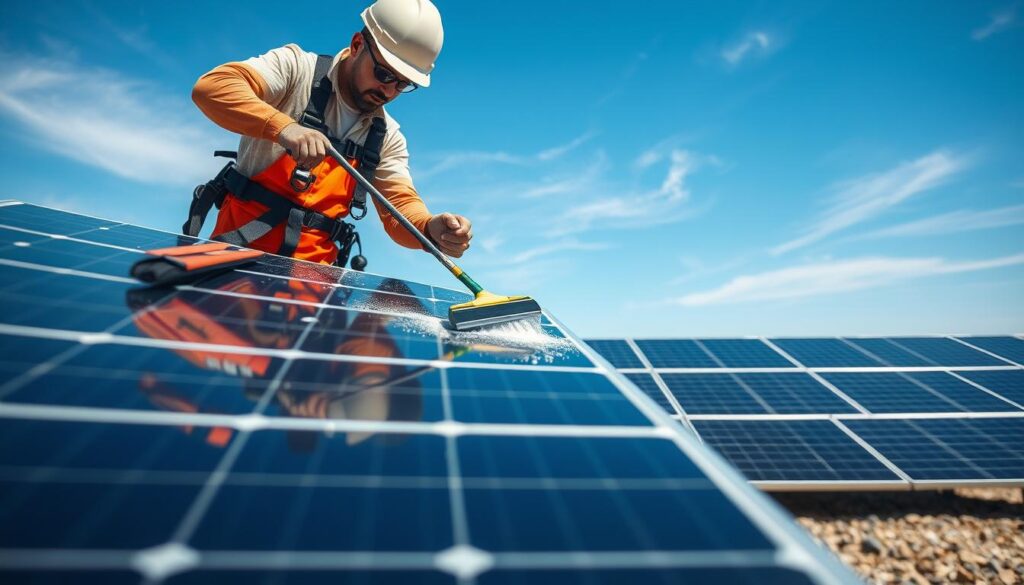 A professional solar panel cleaning process in a sunny outdoor setting. In the foreground, a technician in a safety harness cleaning the surface of a solar panel with a specialized squeegee and cleaning solution. In the middle ground, other solar panels arranged in neat rows, their reflective surfaces gleaming. In the background, a clear blue sky with a few wispy clouds, suggesting a bright, clear day ideal for solar energy production. Soft, directional lighting casts gentle shadows, highlighting the texture and geometry of the panels. The overall scene conveys a sense of efficient, methodical maintenance necessary to keep solar energy systems operating at peak performance.