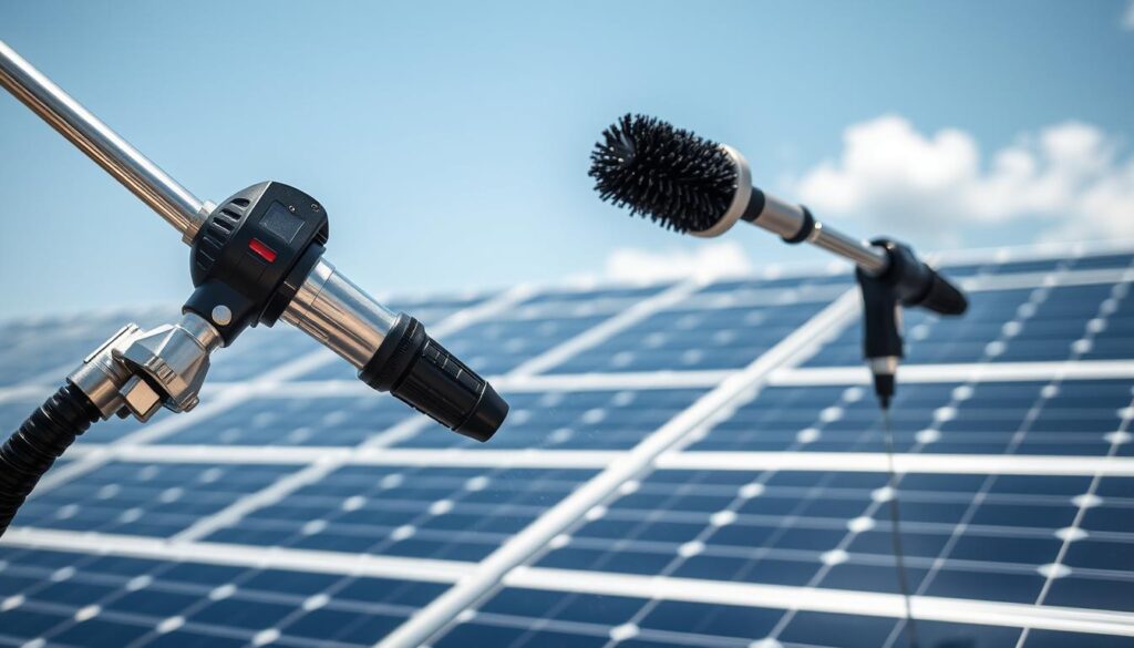 A professional solar panel cleaning rig, its sleek, metallic frame gleaming under bright sunlight. In the foreground, a high-pressure water hose with a specialized cleaning attachment, ready to blast away grime and debris. In the middle ground, a compact, battery-powered scrub brush affixed to a telescoping pole, allowing for thorough cleaning of hard-to-reach areas. In the background, the solar panels themselves, their surfaces reflecting the sky above, awaiting the efficient, meticulous cleaning process. The overall scene conveys a sense of precision, diligence, and a commitment to maintaining optimal solar panel performance.