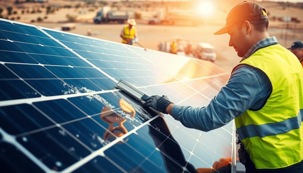 A professional solar panel cleaning service at work in Fresno, CA. In the foreground, a worker in a bright yellow safety vest carefully wipes the surface of a large solar panel with a squeegee, removing dirt and grime. In the middle ground, another worker is inspecting the panels, checking their alignment and integrity. In the background, a fleet of specialized cleaning trucks and equipment is visible, reflecting the sun's rays. The scene is bathed in warm, golden light, conveying a sense of efficiency and pride in the team's work.