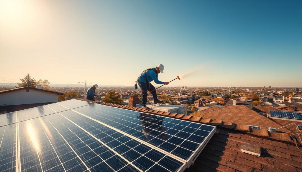 A professional solar panel cleaning service crew at work on a residential rooftop in Passaic, NJ. In the foreground, two technicians carefully clean the solar panels using specialized tools and solutions, ensuring maximum energy efficiency. The middle ground shows the well-maintained, glistening solar array atop the house, casting a warm, renewable glow. In the background, a scenic view of the Passaic cityscape under a bright, sun-drenched sky. The scene conveys the expertise, diligence, and environmental benefits of professional solar panel maintenance in the local community.
