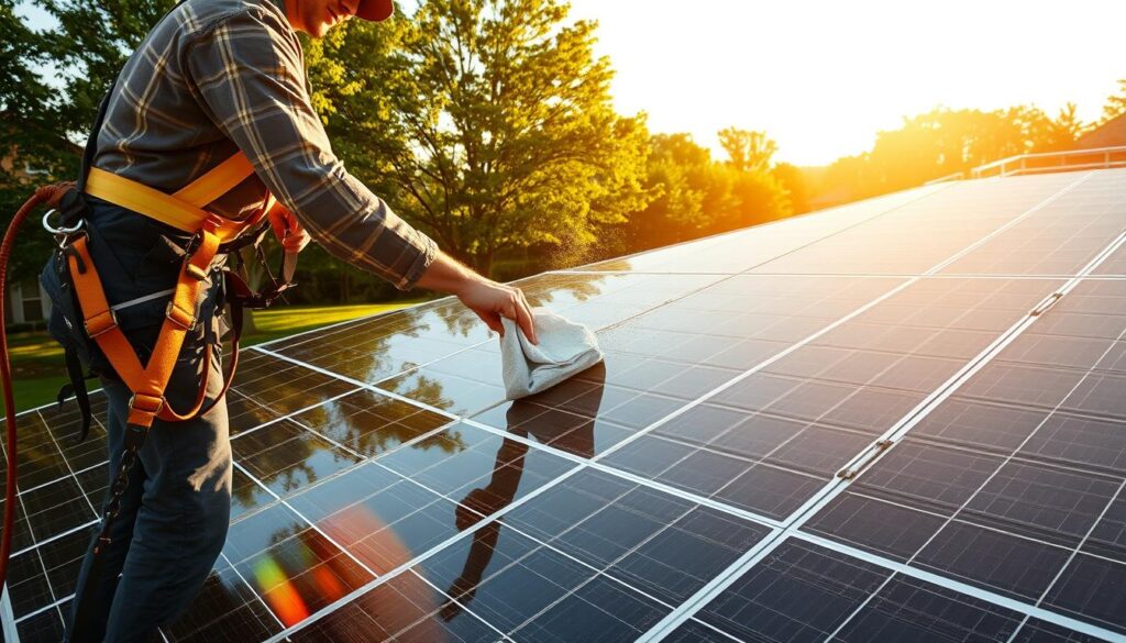 A professional solar panel cleaning service in Baltimore, MD, working on a well-maintained, multi-panel residential system. The technician, wearing a safety harness, is carefully wiping down the solar panels with a microfiber cloth, removing any accumulated dirt and grime. The scene is bathed in warm, golden sunlight, casting long shadows across the panels. The panels themselves are sleek, modern, and gleaming under the skilled attention of the technician. In the background, a well-manicured lawn and lush green trees provide a natural, serene setting for this efficient, environmentally-conscious process.