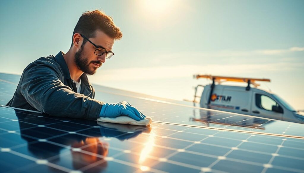 A professional solar panel cleaning service in action, with a technician carefully wiping down the panels using a microfiber cloth and a gentle cleaning solution. The scene is bathed in warm, golden sunlight, highlighting the pristine, gleaming solar panels against a crisp, blue sky. In the foreground, the technician's focused expression and the meticulous attention to detail convey the importance of maintaining the efficiency and performance of the solar installation. In the background, a well-equipped service van suggests the company's professionalism and attention to detail.