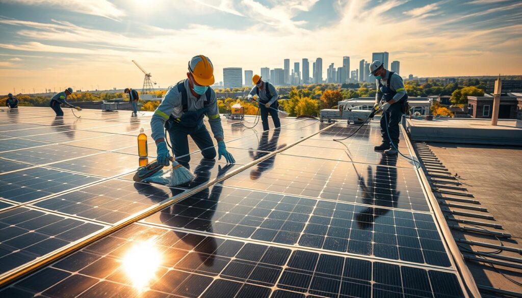 A professional solar panel cleaning service in action. A crew of technicians using specialized equipment to meticulously clean and maintain a rooftop array of solar panels. Bright sunlight filters through wispy clouds, casting warm, natural lighting across the scene. The panels gleam with a newly polished sheen, maximizing their energy-harvesting efficiency. In the foreground, a technician carefully wipes down a panel's surface with a microfiber cloth, while others use soft-bristle brushes and purified water to remove any accumulated dust or grime. The mid-ground showcases the comprehensive setup, including extension ladders, hoses, and cleaning solutions. The background features the picturesque urban skyline of Cedar Rapids, Iowa, underscoring the practical benefits of professional solar panel maintenance in this thriving Midwest city.