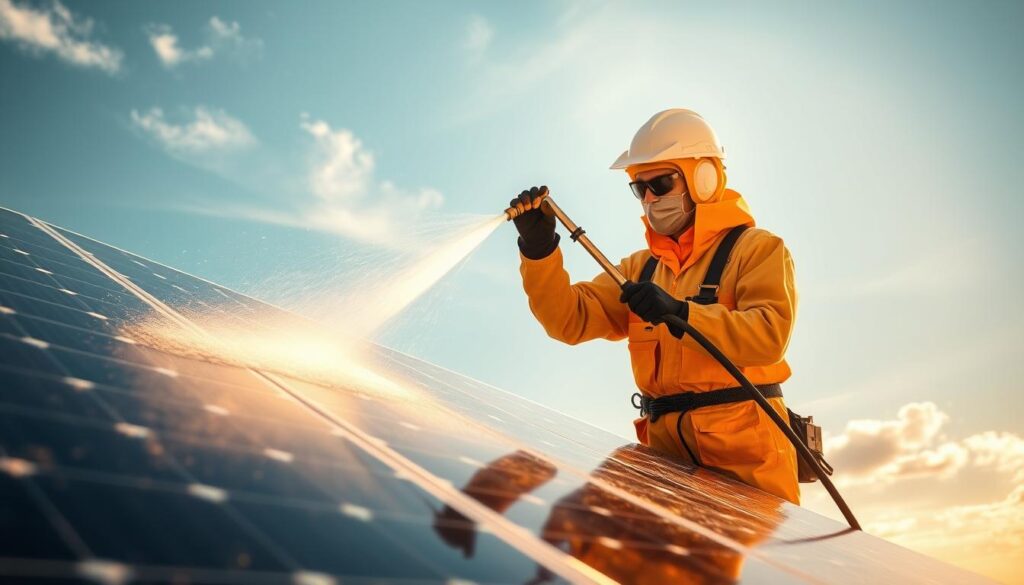 A professional solar panel cleaning service in progress, with a technician in protective gear using a specialized high-pressure water cleaner to remove dirt, grime, and debris from the photovoltaic cells. The panels are positioned at an optimal angle, bathed in warm afternoon sunlight, creating dynamic shadows and highlights. The background features a clear blue sky with a few wispy clouds, conveying a sense of a bright, clean, and environmentally-conscious scene. The camera angle captures the process from a slightly elevated perspective, allowing the viewer to observe the technician's workflow and the overall scale of the solar array.