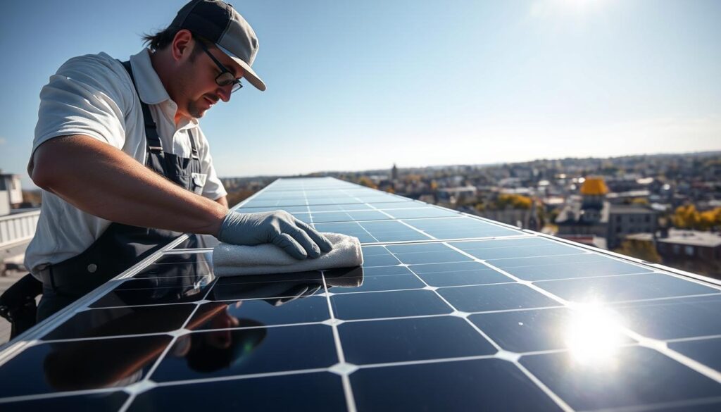 A professional solar panel cleaning service technician carefully wipes down a row of solar panels with a microfiber cloth, ensuring their surfaces are spotless and optimized for maximum energy absorption. The bright midday sun illuminates the gleaming panels, casting long shadows across the well-maintained rooftop. In the background, a scenic view of the Springfield, MA cityscape is visible, underscoring the importance of maintaining efficient solar power systems in this bustling urban environment. The technician's focused, meticulous movements convey the benefits of professional solar panel cleaning services - improved energy output, extended panel lifespan, and a pristine, high-performing renewable energy system.