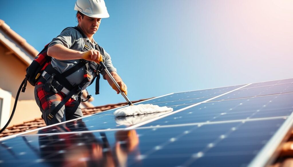 A professional solar panel cleaning service technician, wearing a safety harness, carefully wiping down a row of solar panels on a residential rooftop. The panels are situated at an optimal angle, bathed in warm, natural sunlight. In the background, a clear blue sky. The technician's movements are deliberate and efficient, ensuring each panel is thoroughly cleaned to maximize energy output. The scene conveys a sense of expertise, diligence, and environmental stewardship.