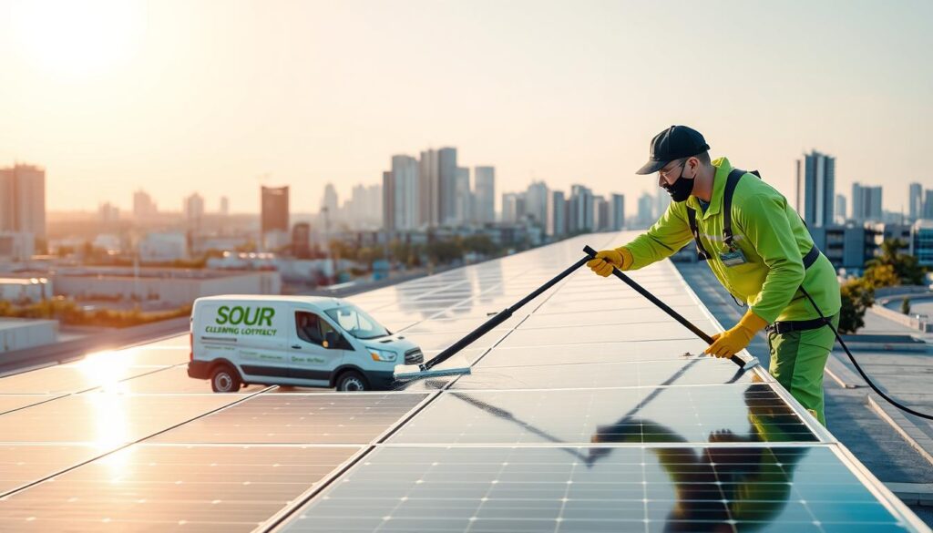 A professional solar panel cleaning service worker in a bright green uniform, meticulously cleaning a large rooftop solar array with a squeegee and cleaning solution under the warm glow of the afternoon sun. The solar panels gleam with a spotless, reflective surface. In the middle ground, a van with the company's logo is parked nearby, and in the background, a skyline of modern buildings provides an urban setting. The scene conveys a sense of diligence, efficiency, and the importance of well-maintained solar technology.
