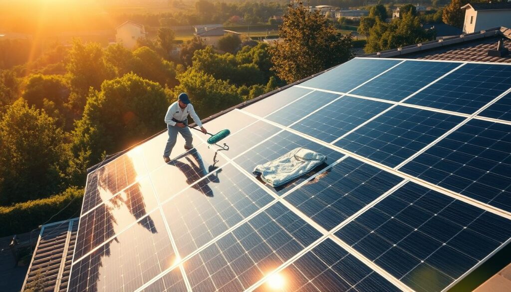 A professional solar panel cleaning team in crisp uniforms diligently wiping down large, gleaming solar panels mounted on a modern, sleek residential rooftop. The sun's rays cast a warm, golden glow across the scene, illuminating the technicians' careful movements as they ensure maximum efficiency and performance. In the background, a lush, verdant landscape frames the clean, renewable energy installation. The mood is one of competence, environmental consciousness, and pride in a job well done.
