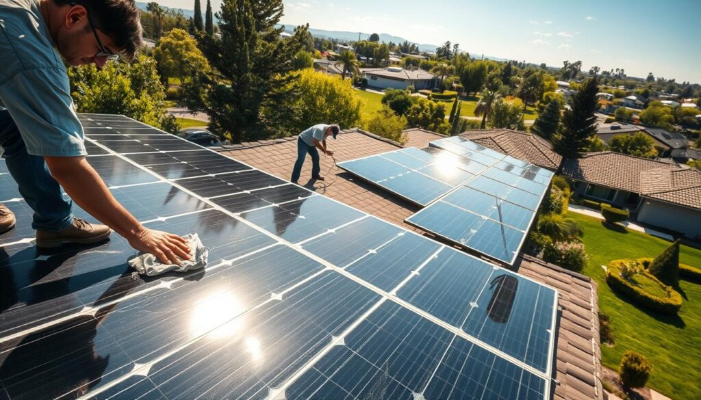 A professional team of solar panel cleaners working diligently on a sprawling residential rooftop, meticulously scrubbing and polishing the gleaming solar panels to maximize energy efficiency. Sunlight streams down from a cloudless sky, creating dynamic shadows and highlights that accentuate the intricate details of the cleaning process. In the foreground, a worker carefully wipes down a panel with a microfiber cloth, while in the middle ground, another technician uses a specialized cleaning tool to remove any stubborn grime. The background features the verdant landscape of Fresno, CA, with lush trees and well-manicured lawns complementing the sustainable energy system. The scene conveys a sense of precision, dedication, and environmental stewardship.
