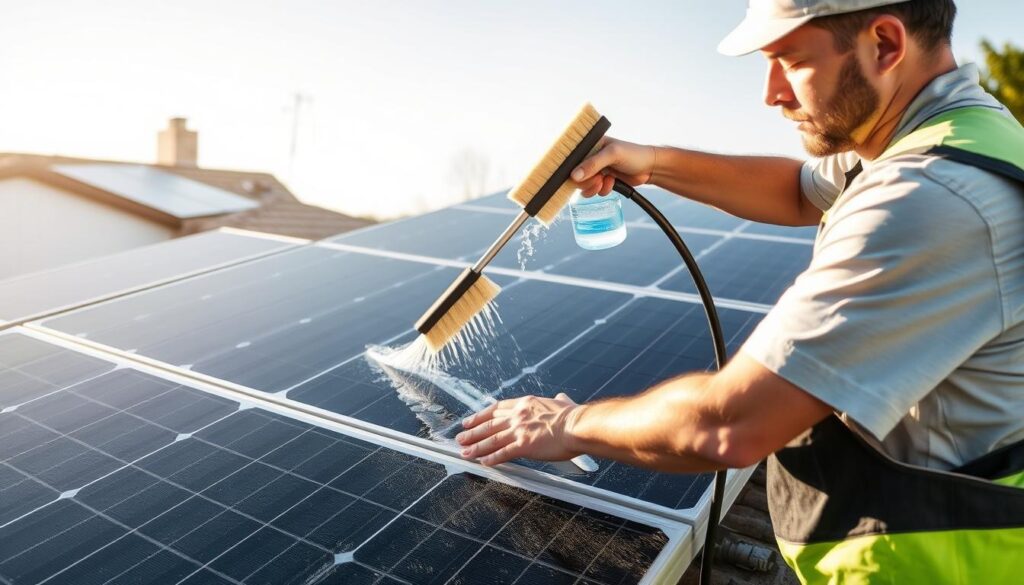 A professional technician carefully cleaning solar panels using a specialized cleaning solution and a soft-bristle brush. The panels are installed on the rooftop of a residential house, bathed in warm afternoon sunlight. The technician's movements are deliberate and efficient, meticulously wiping away dirt and grime to maximize the panels' energy output. The scene conveys a sense of professionalism and attention to detail, reflecting the high-quality solar panel cleaning services available in Virginia Beach, VA.