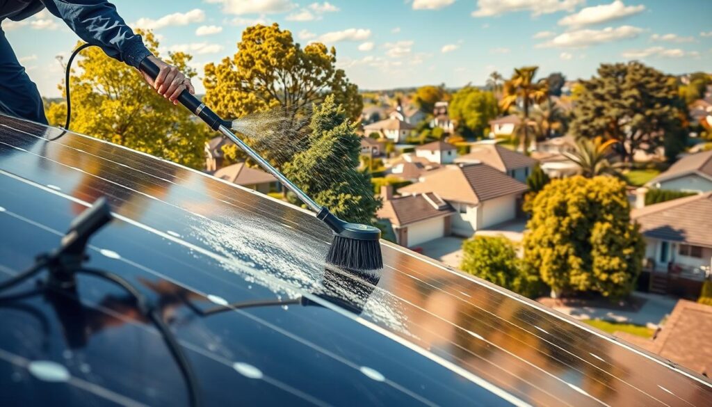 A professional technician in a blue uniform cleanses a rooftop solar panel array with a specialized solar panel cleaning brush, using a gentle stream of purified water. Dust and grime are carefully wiped away, ensuring maximum energy efficiency. In the background, a picturesque suburban neighborhood stretches out, with lush trees and well-maintained homes under a bright, cloudless sky. Warm, golden sunlight filters through, casting a soft glow on the scene. The composition emphasizes the importance of proper solar panel maintenance for optimal performance in a residential setting.