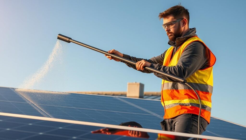 A professional technician in a high-visibility vest and safety goggles, carefully cleaning solar panels on a rooftop using a long-handled squeegee. The rooftop is bathed in warm, golden sunlight, with a clear blue sky in the background. The panels gleam as the technician methodically wipes away dirt and debris, ensuring maximum efficiency. The scene conveys a sense of expertise, diligence, and a commitment to safety in the solar panel cleaning process.