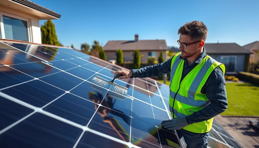 A professional technician in a high-visibility vest carefully inspects and cleans the solar panels installed on the rooftop of a modern, energy-efficient home, using specialized tools and gentle techniques to maintain their optimal efficiency. The bright morning sunlight casts long shadows across the pristine panels, highlighting their sleek, shiny surfaces. In the background, a well-manicured yard and a clear blue sky create a serene, eco-friendly setting, conveying the importance of proper solar panel maintenance for sustainable energy production.