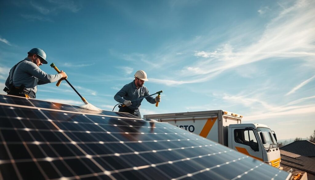 A professional, well-equipped solar panel cleaning crew hard at work on a suburban rooftop. In the foreground, two workers carefully wipe down the panels using specialized cleaning tools and solutions, ensuring maximum efficiency. The middle ground shows the truck with its logo, signaling the company's commitment to quality service. In the background, a clear blue sky with wispy clouds creates a bright, optimistic atmosphere. Warm, natural lighting illuminates the scene, highlighting the technicians' attention to detail. The overall impression conveys a sense of diligence, expertise, and the importance of maintaining solar power systems for a sustainable future.