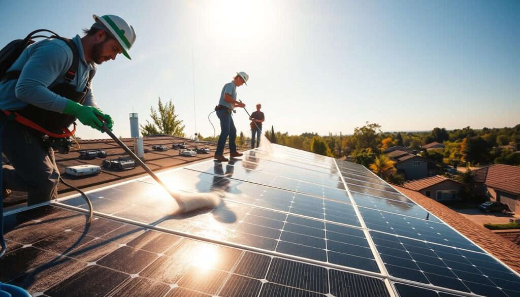 A professional, well-equipped team of solar panel cleaning technicians working diligently on a residential rooftop, using specialized tools and equipment to meticulously clean the solar panels. The bright, warm sunlight glistens on the freshly cleaned, gleaming panels, casting long shadows across the rooftop and surrounding landscape. In the background, a picturesque suburban neighborhood with lush greenery and a clear, azure sky. The scene conveys a sense of efficiency, attention to detail, and a commitment to maintaining optimal solar panel performance.