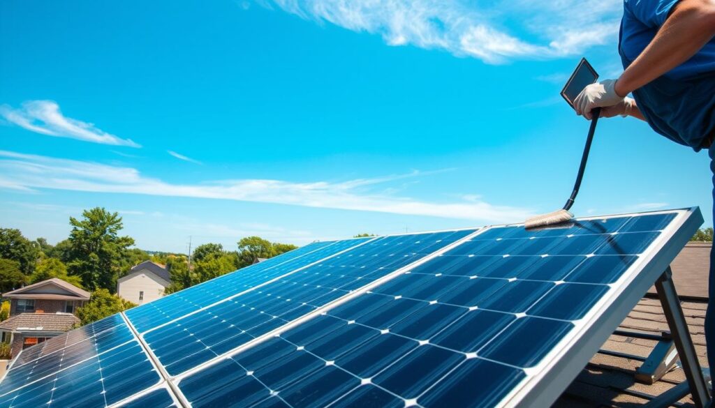 A residential rooftop in East Orange, NJ on a sunny day. In the foreground, a person in a blue uniform is gently cleaning the surface of a solar panel with a squeegee, carefully removing any dirt or debris. The panels are mounted on a sturdy metal frame, tilted at an optimal angle to capture the sunlight. In the middle ground, the neighborhood's houses and trees can be seen, framed by a clear blue sky with a few wispy clouds. The lighting is natural and evenly distributed, casting soft shadows on the solar panels. The overall scene conveys a sense of environmentally-conscious homeownership and responsible solar panel maintenance.