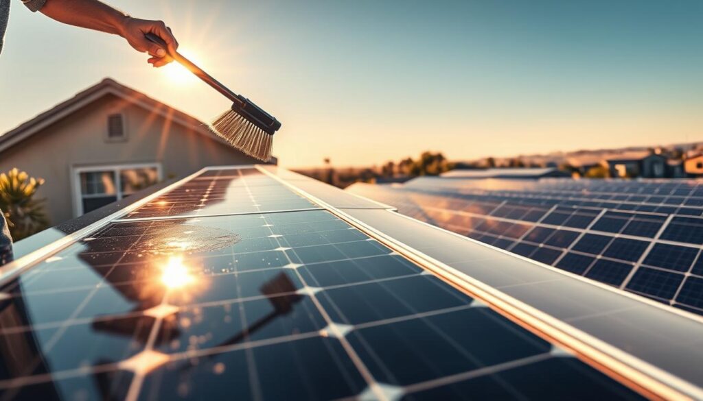 A residential solar panel installation with a homeowner using a high-reach brush to gently clean the panels, creating a sparkling, reflective surface. The sun is shining brightly from a clear sky, casting warm, directional lighting that accentuates the contours of the panels. In the background, a commercial property with a large, sprawling solar array stands in contrast, awaiting its own thorough cleaning by a professional service team. The scene conveys the different approaches and considerations for residential versus commercial solar panel maintenance.
