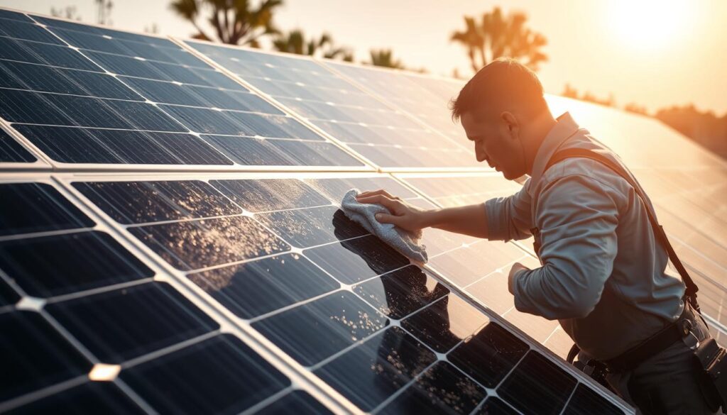 A serene photovoltaic array basking in the warm glow of the sun, each solar panel gleaming with a mirror-like finish. In the foreground, a technician meticulously cleans the panels with a microfiber cloth, removing any trace of dust or debris to maximize the system's energy efficiency. The surroundings are bathed in a soft, natural light, conveying the tranquility and environmental benefits of this renewable energy solution. The composition emphasizes the importance of professional maintenance, highlighting the increased power output and extended lifespan resulting from regular solar panel cleaning services in Arlington, TX.