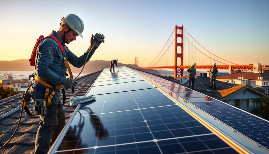 A serene scene of a professional solar panel cleaning service in San Francisco, CA. In the foreground, a technician in a safety harness carefully wipes the surface of a solar panel with a microfiber cloth, ensuring maximum efficiency. In the middle ground, a team of workers use specialized tools and equipment to clean an array of solar panels on a residential rooftop, their uniforms reflecting the city's vibrant culture. The background showcases the iconic Golden Gate Bridge, bathed in warm, golden light, highlighting the city's commitment to renewable energy. The overall atmosphere conveys a sense of diligence, sustainability, and the benefits of professional solar panel maintenance.