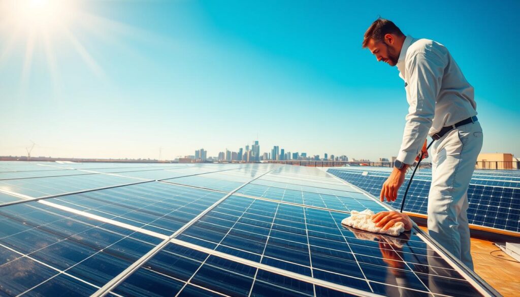 A serene solar-powered landscape, with a pristine array of solar panels glistening in the warm sunlight. In the foreground, a technician in a clean uniform is carefully wiping the solar panel surface with a microfiber cloth, removing any accumulated dust or debris. The middle ground showcases the orderly rows of solar panels, their clean surfaces reflecting the clear blue sky above. In the background, the cityscape of Union City, New Jersey, stands proudly, its buildings and infrastructure powered by the renewable energy harnessed by these well-maintained solar arrays. The scene exudes a sense of efficiency, sustainability, and the tangible benefits of professional solar panel cleaning services.
