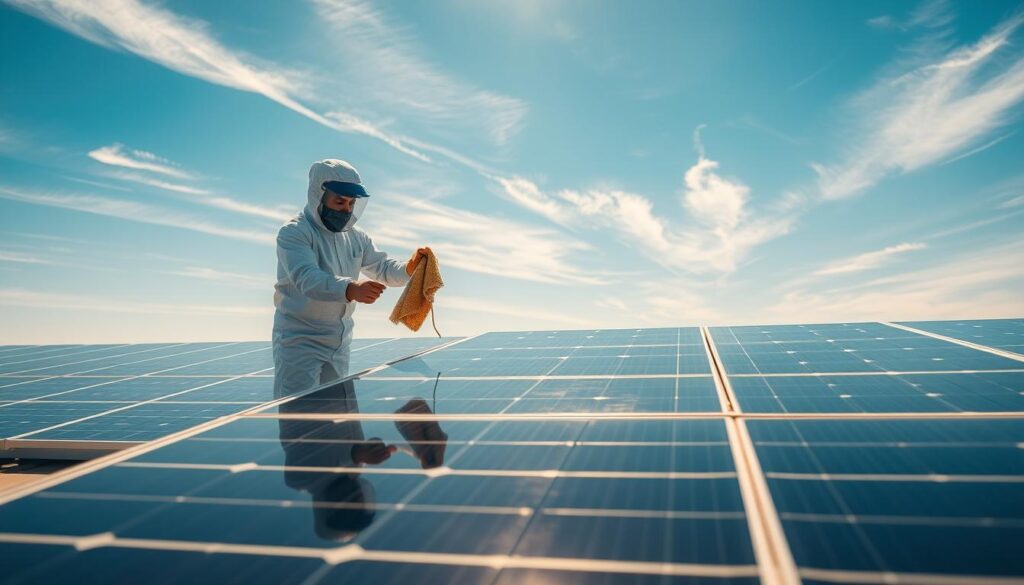 A serene, sun-drenched scene of a solar panel array in California. In the foreground, a technician in a protective suit carefully wipes the glossy panels with a microfiber cloth, removing dust and debris. The middle ground features a well-maintained rooftop, with panels arranged in precise rows, casting geometric shadows on the surface. In the background, a clear blue sky with wispy clouds provides natural illumination, creating a warm, glowing atmosphere. The lighting is soft and diffused, highlighting the sleek, modern design of the solar panels. The overall impression is one of diligent maintenance and the efficient harnessing of renewable energy.