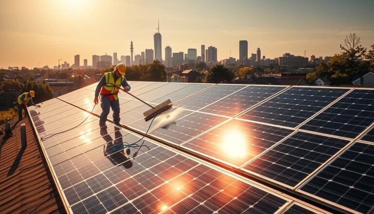 A serene, sun-drenched scene of solar panel cleaning services in Springfield, MA. In the foreground, a team of professional technicians meticulously wipes down the gleaming panels, their specialized equipment and protective gear reflecting the warm, golden light. The middle ground showcases the sleek, modern solar array perched atop a residential rooftop, its efficient design and pristine condition a testament to the expertise of the cleaning crew. In the background, the familiar landmarks of Springfield's skyline provide a picturesque backdrop, underscoring the importance of sustainable energy solutions within the local community. The image conveys a sense of diligence, environmental consciousness, and the pursuit of renewable energy excellence.