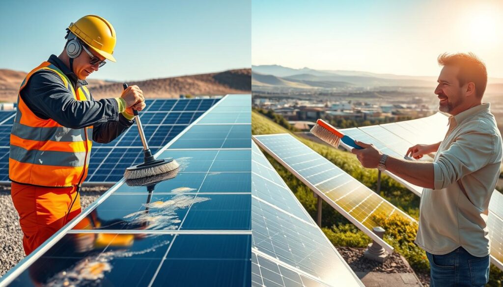 A side-by-side comparison of DIY and professional solar panel cleaning techniques, photographed with a high-resolution DSLR camera in natural daylight. In the foreground, a technician in a high-visibility uniform uses a specialized cleaning tool to meticulously wipe down a solar panel, showcasing the attention to detail and thoroughness of professional servicing. Alongside, a homeowner in casual attire attempts to clean a panel with a basic scrub brush and soapy water, highlighting the contrast in efficiency and effectiveness. The middle ground features a row of well-maintained, gleaming solar panels, their surfaces reflecting the clear sky above. In the background, a scenic vista of rolling hills and a sun-drenched horizon underscores the importance of optimal solar panel performance for renewable energy generation.