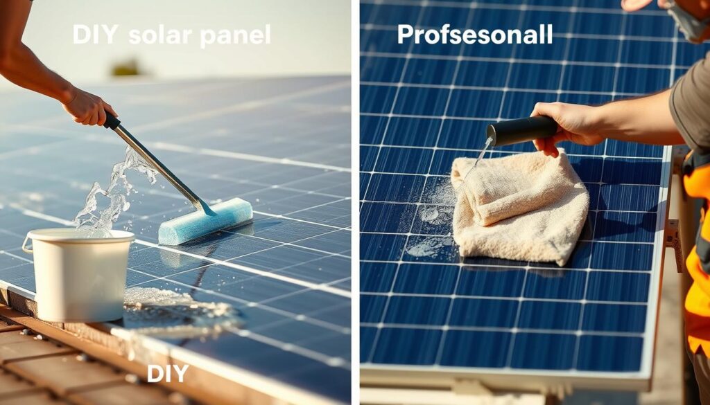 A side-by-side comparison of a DIY solar panel cleaning and a professional solar panel cleaning, with the DIY process on the left and the professional cleaning on the right. In the DIY image, show a person using a handheld squeegee and a bucket of water to clean a solar panel, with some water splashing onto the ground. In the professional image, depict a worker using a specialized solar panel cleaning tool and a microfiber cloth to methodically clean the solar panel, showcasing the attention to detail and thorough cleaning. Utilize warm lighting to create a clean, crisp, and well-lit atmosphere, emphasizing the difference in the cleaning results. The background should be blurred to keep the focus on the comparative cleaning processes.