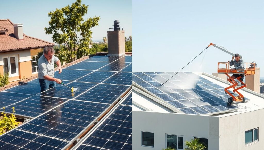 A side-by-side comparison of a homeowner manually cleaning solar panels on a residential rooftop, and a professional solar panel cleaning service using specialized equipment and techniques on a commercial building. Bright, clear daylight illuminates the scene, showcasing the differences in efficiency and thoroughness between the two methods. In the foreground, the homeowner carefully wipes the panels with a squeegee, while in the background, the professional crew utilizes a lift and high-pressure cleaning system to methodically scrub the larger commercial array. The resulting images should convey the advantages of professional solar panel cleaning services over a DIY approach.