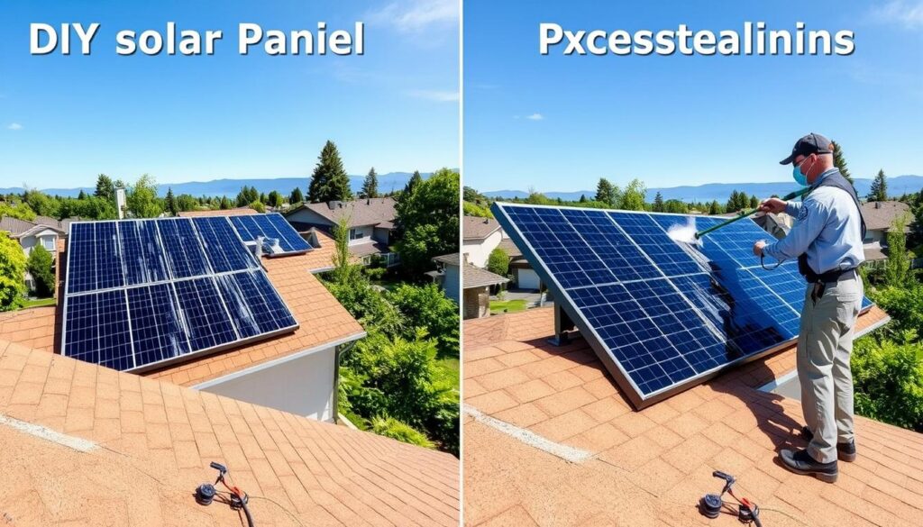 A side-by-side comparison of a residential rooftop with DIY solar panel cleaning on the left and professional cleaning on the right. In the DIY scene, a person is using a garden hose and brush to scrub the panels, with some streaks and water spots visible. In the professional scene, a worker in cleaning uniform is using a specialized tool to wipe the panels, leaving them spotless and gleaming in the bright, natural sunlight. The background features a typical Bellevue, WA suburban neighborhood with lush greenery, blue skies, and distant mountains. The contrast in cleaning quality and efficiency is clear, showcasing the benefits of professional solar panel maintenance.