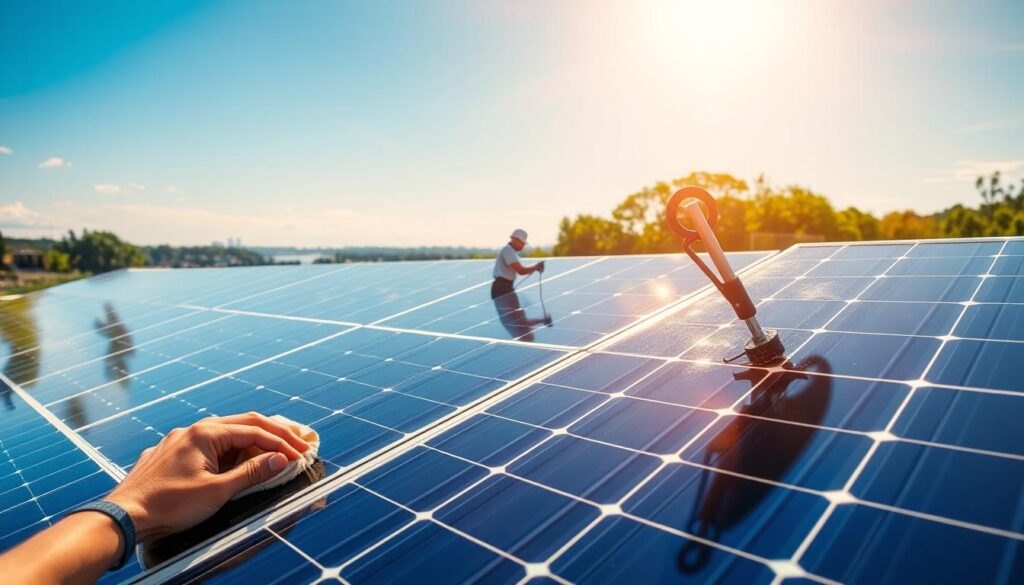A solar panel array bathed in warm, golden sunlight, with a vibrant blue sky overhead. In the foreground, a hand gently wiping the panels' surface, showcasing the ease and effectiveness of professional cleaning. The middle ground depicts a technician using specialized tools to meticulously clean each panel, ensuring maximum efficiency. In the background, lush green foliage and a scenic Fall River, MA cityscape provide a picturesque setting. The overall scene conveys the clear benefits of regular, professional solar panel maintenance: increased energy production, extended lifespan, and a well-maintained, aesthetically pleasing system.